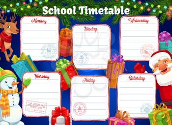 School timetable, schedule or education planner with vector background frame of Christmas tree, Santa and Xmas gift boxes. Week study plan of student class or pupil lesson charts, winter holidays