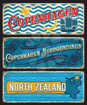Copenhagen surroundings, North Zealand Denmark plates. Danish capital city and touristic area vintage banners or tin sign, grunge travel stickers with Coat of Arms and flag symbols, territory map