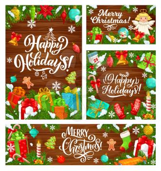 Christmas winter holiday gifts with Xmas tree vector design. Present boxes and Xmas bell with ribbon bows, snowflakes, candies, snow and balls, gingerbread, sock and calendar on wooden background