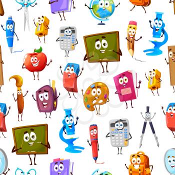 Seamless pattern of cartoon funny school supply characters. Childish background, vector wallpaper or wrapping paper print with school stationery, books and textbooks, apple, palette and chalkboard