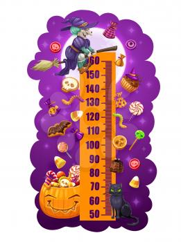Kids height chart Halloween sweets growth measuring meter, vector scale. Trick or treat pumpkin, cartoon wall sticker design with witch on broom, black cat, candies and funny jack-o-lantern characters