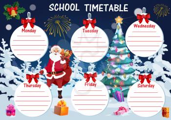 Kid Christmas school timetable template. Lessons schedule, children education weekly program or classes planner. Santa Claus with sack full of holiday gifts, decorated Christmas tree cartoon vector