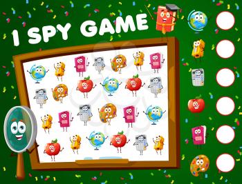 I spy game, math game worksheet with school characters, vector find and match riddle. Kids tabletop puzzle or I spy game with school mathematics books, algebra calculator, apple and pencil sharpener
