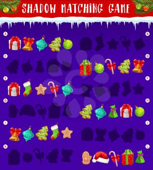 Christmas gift shadow matching game or puzzle vector template of children education activity. Riddle or school book worksheet with task of find and match of correct Xmas present box and ball pictures