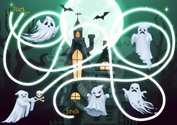 Kids maze game with Halloween ghosts characters at spooky haunted castle at night. Vector labyrinth puzzle find correct way board game. Children task with tangled path. educational preschool riddle