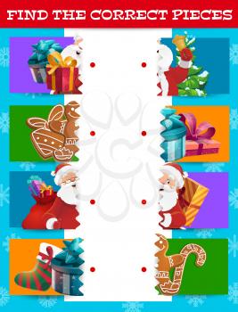 Christmas matching game vector template of children education puzzle, logic riddle or quiz. Find the correct pieces of Xmas gift, Santa, stocking, present box and Christmas tree pictures