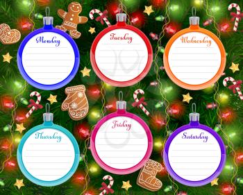 School timetable, schedule or study plan with vector Christmas tree background frame. Student education planner, weekly lesson chart or time table in shape of Xmas balls with gingerbread and candies