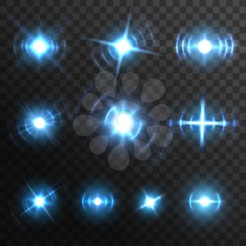 Blue light flares, fiery energy burst realistic effects, vector star shine. Blue light glow and sparkle flash glares of sun, transparent bright glitter beams and shiny lens rays, magic neon spotlight