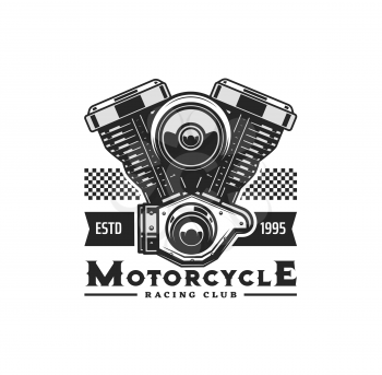 Motorcycle engine icon with vector motor bike or chopper vehicle two cylinder piston engine. Biker or racing sport club, garage, repair service and motorbike spare part shop isolated symbol design