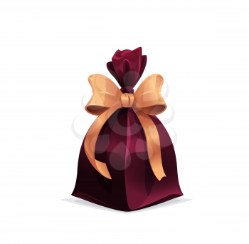 Gift with golden bow, vector holiday box, present sack wrapped with sumptuous ribbon. Isolated cartoon giftbox for festive event, Boxing day, Birthday, Wedding, Valentine Day or New Year celebration