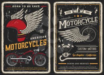 Bike and motorcycle vintage posters. Custom motors, parts and service vintage vector cards for biker club. Retro motorbike garage, classic antique chopper and winged helmet and wheel grunge design