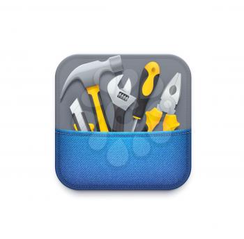 Online tools icon. User technical support service, repair, diagnostics and maintenance application or utility icon, GUI 3d pictogram with razor knife, hammer and adjustable wrench, screwdriver, pliers