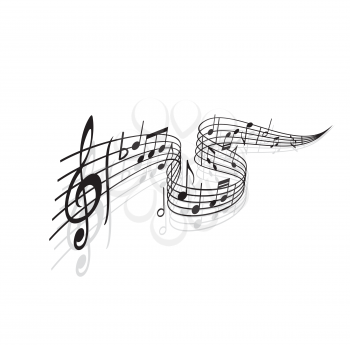 Musical wave with vector notes of sheet music and shadows. Black swirl of music staff or stave with melody or song notes, treble clef, flat tone symbol and bar lines, musical notation themes