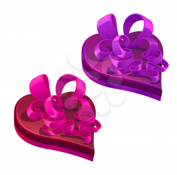 Valentines day holiday gift or present. Vector heart shaped pink and purple boxes with curly bows. Cartoon giftboxes for Valentine festive event celebration, isolated objects on white background