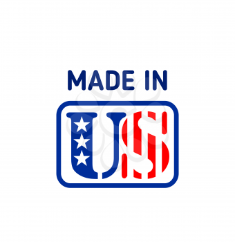 Made in USA vector label or sign with United States of America flag. American national banner of stars and stripes, US quality product tag and patriotic proud emblem design