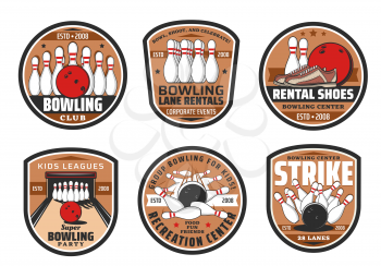 Bowling game center icons, sport club recreation and entertainment. Vector bowling game club lane and shoes rentals, balls and skittle pins, victory strike