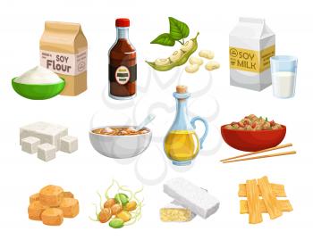 Soy food and vegan products, organic healthy natural nutrition. Vector soy food products, meat and cheese, milk and oil, soybeans sprouts, butter and flour, tofu skin and vegan eating ingredients