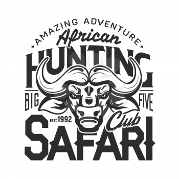 Buffalo hunter club badge, African safari hunting open season icon and t-shirt print template. Vector buffalo bull trophy, wild animal hunt amazing adventure, premium stars club