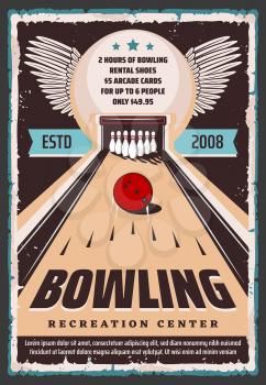 Bowling center retro grunge poster, sport club and leisure games recreation center. Vector bowling shoes and lanes rental, ball and skittle pins strike, hobby entertainment