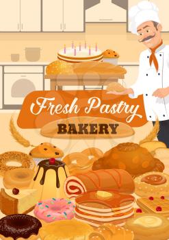 Baker shop pastry, bakery cakes and desserts, patisserie bread and cookies. Vector baker man in chef hat at kitchen oven cooking birthday cake pancakes and donuts, chocolate croissants and waffles