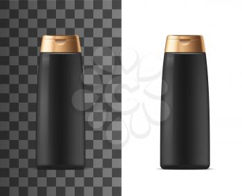 Cosmetic container package, shampoo or shower gel and body lotion black plastic bottle with golden clip cap. Vector isolated 3d realistic mockup template, man skincare facial cleanser, cream bottle