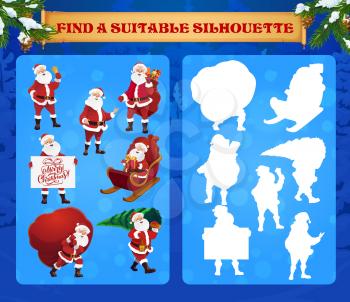 Kids game find suitable silhouette vector puzzle with cartoon Santa Claus. Children logic shadow match riddle, preschool or kindergarten educational task. Riddle worksheet, logical mind development