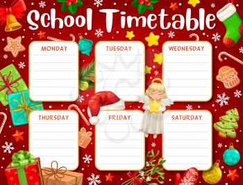 School timetable or student education schedule on vector background of cartoon Christmas gifts. Weekly time table, planner and study plan of preschool pupil lessons or classes with Xmas present boxes