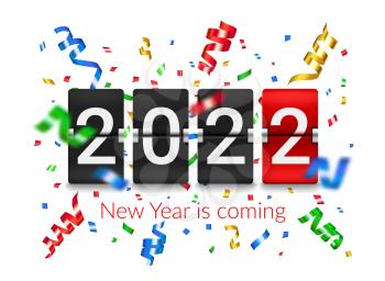 2022 New Year flip countdown counter board with confetti explosion. New Year holiday celebration party realistic vector background with flying confetti foil pieces and ribbons, flip clock timer