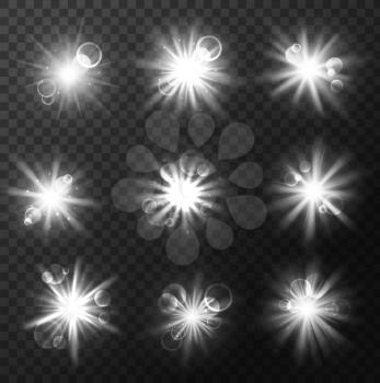 Light burst and explosion, flash and flare rays effect on transparent background. Vector white glow of shining star or sun with bright beams, sparkles and glitter, realistic sunlight and starlight