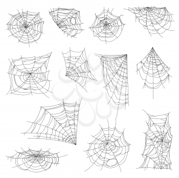 Halloween web, spiderweb and cobweb set. Isolated vector spider nets, round, corner and half shape webs. Spooky, scary design elements for greeting cards decoration, insects trap monochrome decor