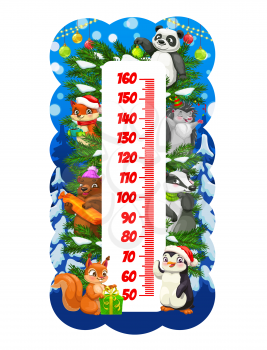 Christmas cartoon funny animals on kids height chart. Children New Year holiday growth measure scale with cute panda, fox and hedgehog, beer, squirrel, penguin with gifts and toys on Christmas tree