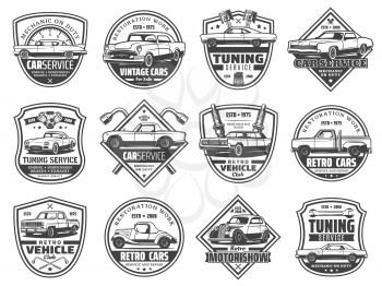 Retro car service vector icons with old vehicle spare parts. Mechanic garage station, engine, piston, wrench and spanner, spark plug, speedometer and air filter, motor show, motorsport