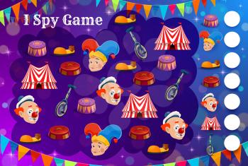 Kids spy game with shapito circus characters and items. Vector education puzzle, counting riddle or attention test template with cartoon circus top tents, chapiteau clowns, unicycle and pedestal