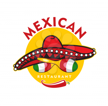 Mexican restaurant icon, vector jalapeno chili pepper, maracas and sombrero hat. Cartoon design element for Latin cafe menu, emblem with traditional symbols of Mexico isolated on white background