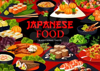 Japanese cuisine food menu cover. Walnut rolls, yakitori and mandarin in syrup, uramaki, nigiri and temaki sushi, seaweed salad, rice with seafood, shrimps cream and noodle soup, kenko yaki vector