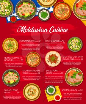 Moldavian food menu, Moldovan cuisine dishes and meals, vector. Moldovan traditional food, Moldavian national goulash with dumplings, goose soup with noodles and homemade pasta with cabbage salad