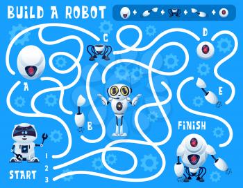 Kids game build a robot maze with cartoon artificial intelligence bots and spare parts. Vector education puzzle, find right way game or riddle on background with gears and androids