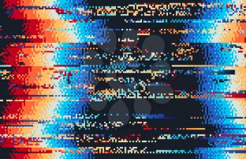 Screen error glitch video distortion with rainbow pixel noise vector pattern. TV static screen effect and broken VHS video texture abstract background with waves of color mosaics and lines