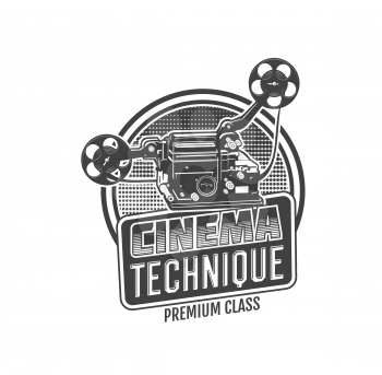 Vintage movie camera isolated vector icon of retro cinema or video projector with film reel and strip. Old movie theater equipment monochrome sign of cinema festival, cinematography and entertainment