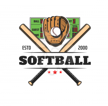 Softball sport icon, baseball club team badge and league game vector emblem. Softball or baseball equipment glove, ball and bats for sport championship or varsity tournament