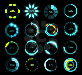 HUD futuristic loading bars, game or program UI interface. Vector circular progress bars with glowing loading scales and percentage indicators, future loading technology bars of head up display