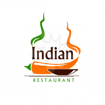 Indian restaurant icon with vector bowl of spice food and hot red chilli pepper. Isolated emblem of Indian or Asian cuisine restaurant, vegetarian cafe, vegan bistro or ethnic cafeteria design