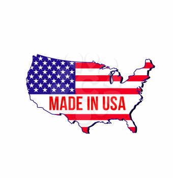 Made in USA label with vector map of United States of America national banner. The stripes and stars flag isolated sign, product quality guarantee tag or American patriotic emblem