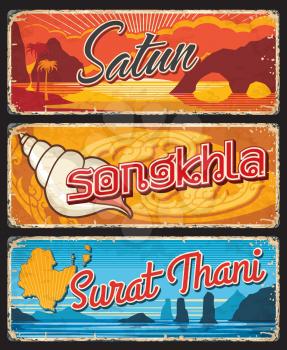 Surat Thani, Songkhla and Satun Thailand provinces. Vector travel landmark plates, signs and cards. Thai provinces travel luggage tags and stickers with nature and ocean landmarks