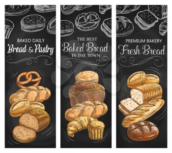 Bread and pastry blackboard banners of bakery shop food vector design. Croissant, baguette and loaves of wheat bread, cupcake, sandwich toasts and pretzel, cereal bun, challah and pie chalkboard menu
