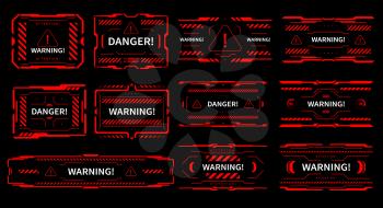 HUD danger and alert attention vector red interface signs, warning and caution UI. HUD tech and digital cyber frames alert warning on screen, error attention or attack damage and system failure
