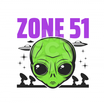 Zone 51 icon, alien activity and UFO conspiracy theory, humanoid vector sign. American top secret zone 51 emblem of alien experiments, martian abduction and paranormal activity area symbol