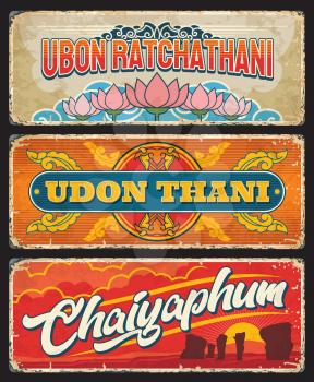 Udon Thani, Chaiyaphum, Ubon Ratchathani Thailand provinces stickers or metal plates. Thai cities entry sings or plates, travel stickers with landmark symbols and national ornament