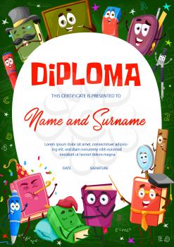 Kids diploma certificate with cartoon books, textbooks and school stationery characters. Child education diploma, school or kindergarten graduation certificate template with chalkboard background