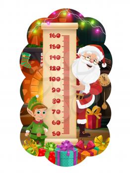 Christmas kids height chart, Santa and elf with gifts growth measure meter. Vector ruler scale of children stadiometer on paper scroll with cartoon Claus, Xmas lights and presents, fireplace, stocking